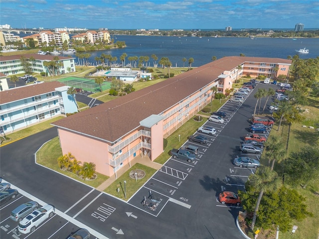 drone / aerial view with a water view