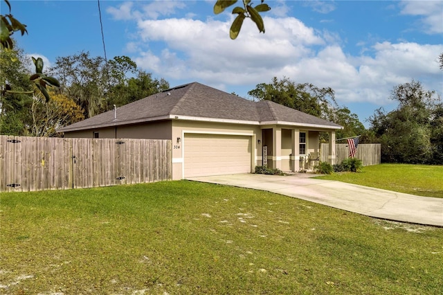 ranch-style home with a garage and a front lawn