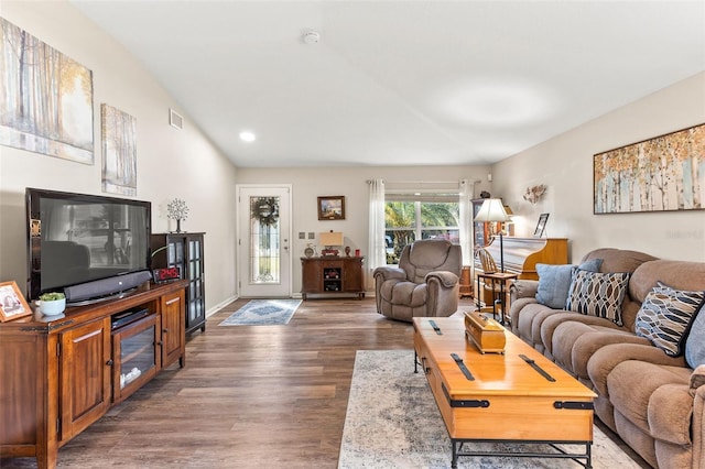 living room with dark wood-type flooring