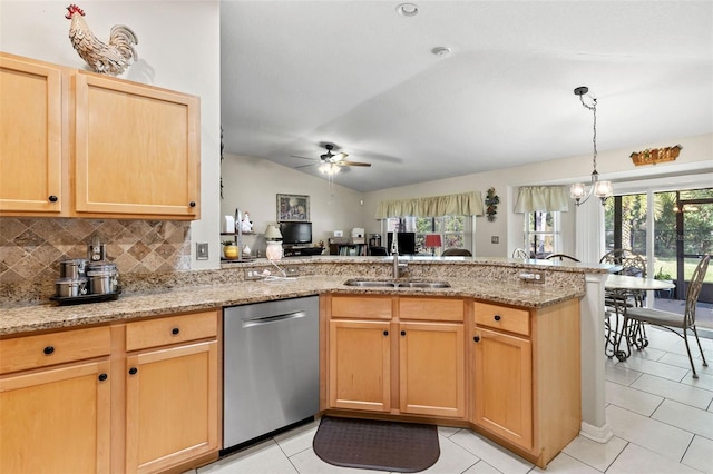 kitchen with dishwasher, lofted ceiling, sink, backsplash, and kitchen peninsula