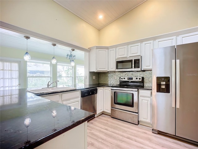 kitchen with white cabinetry, decorative backsplash, pendant lighting, and appliances with stainless steel finishes