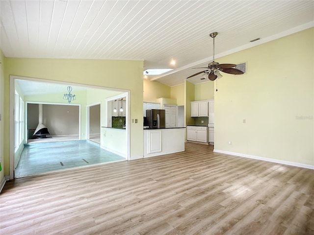 unfurnished living room featuring lofted ceiling, wood ceiling, light hardwood / wood-style flooring, and ceiling fan