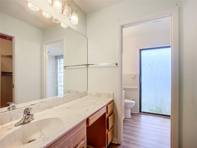 bathroom featuring vanity, hardwood / wood-style floors, and toilet