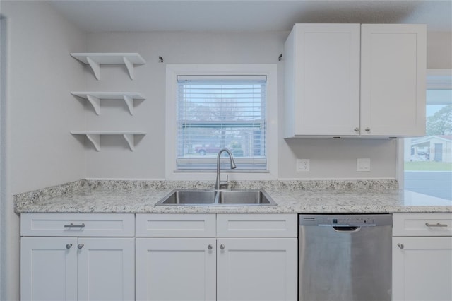 kitchen with dishwasher, sink, and white cabinets