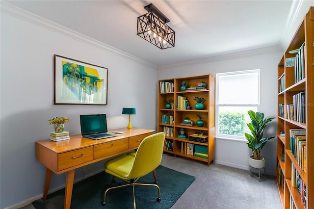 office with a notable chandelier, crown molding, and carpet flooring