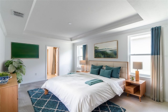 bedroom with a tray ceiling and ornamental molding