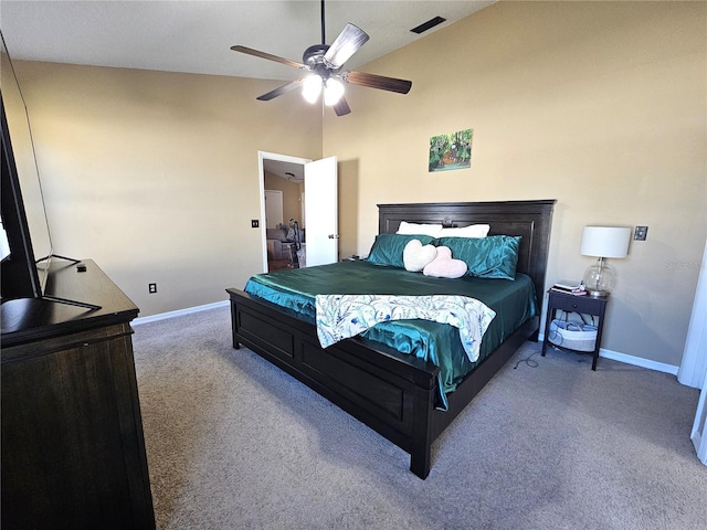 bedroom featuring lofted ceiling, carpet flooring, and ceiling fan