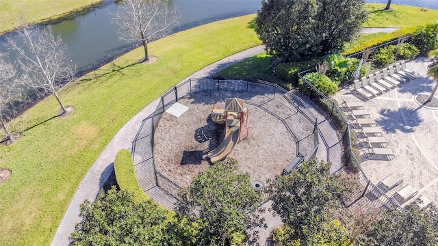 drone / aerial view with a water view