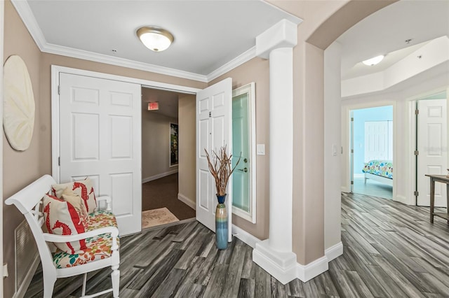 corridor with crown molding and dark wood-type flooring