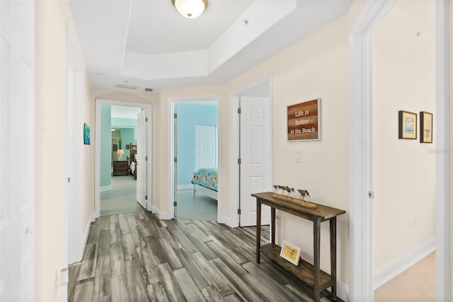 corridor with wood-type flooring and a tray ceiling