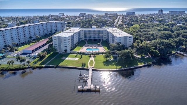 drone / aerial view featuring a water view