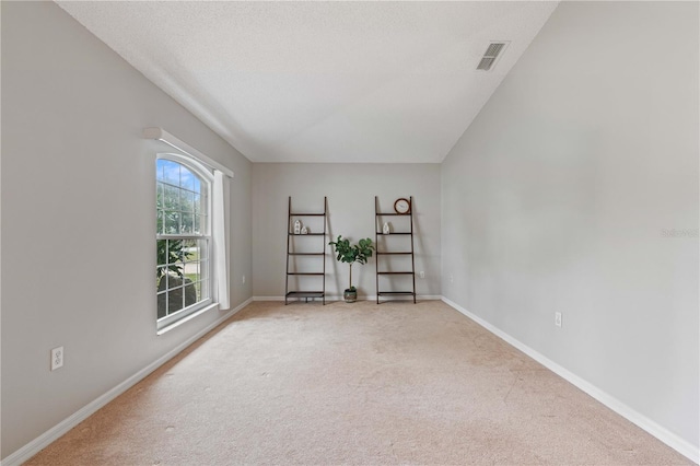 unfurnished room featuring light carpet and a textured ceiling