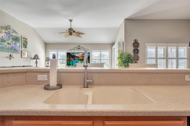 interior space featuring ceiling fan, lofted ceiling, and sink