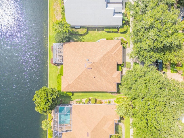 drone / aerial view with a water view