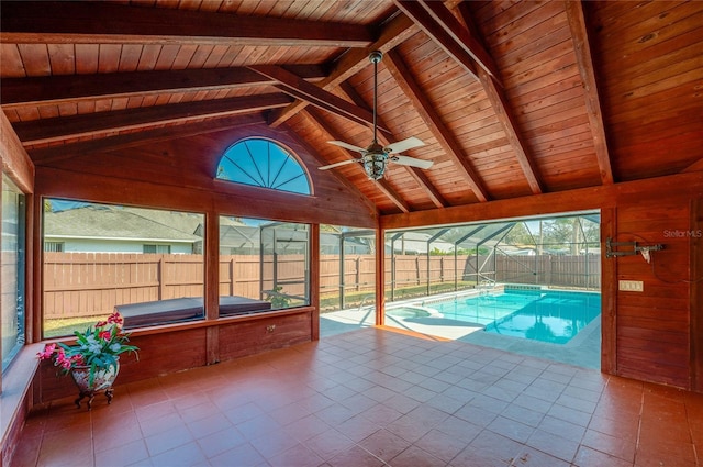 view of pool featuring ceiling fan