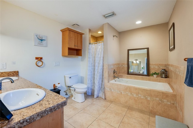 full bathroom with vanity, shower with separate bathtub, tile patterned floors, and toilet