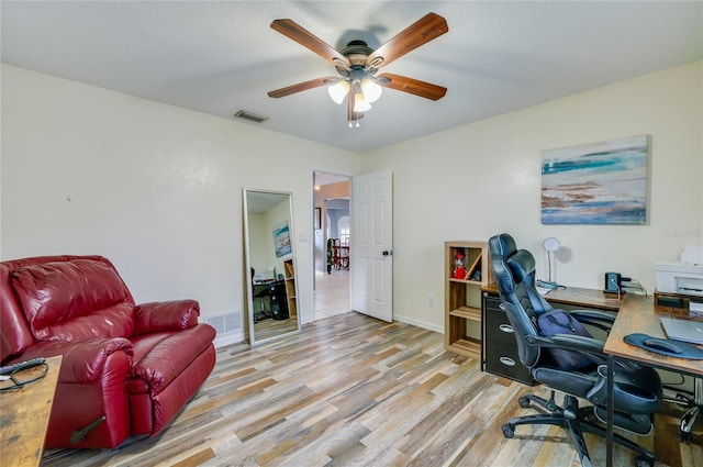 office space featuring ceiling fan, a textured ceiling, and light wood-type flooring