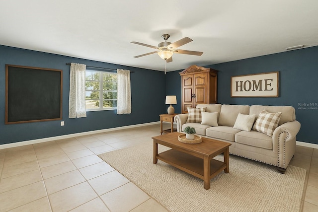 1240 W Voorhis Ave, Deland, FL 32720 - living area with light tile patterned flooring, visible vents, ceiling fan, and baseboards