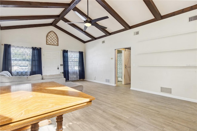 1240 W Voorhis Ave, Deland, FL 32720 - dining area featuring visible vents, beamed ceiling, ceiling fan, and high vaulted ceiling