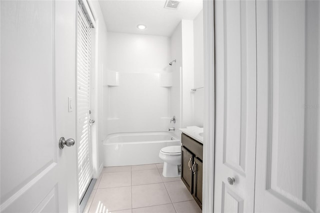 full bathroom with bathing tub / shower combination, vanity, tile patterned floors, and toilet