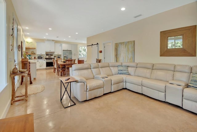 living room featuring a barn door