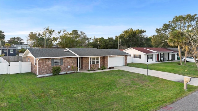 single story home featuring a garage and a front lawn