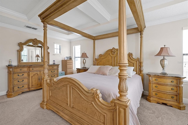 carpeted bedroom with beam ceiling, crown molding, coffered ceiling, and ornate columns