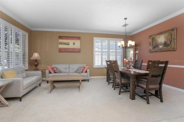 dining area featuring light carpet, a notable chandelier, and ornamental molding