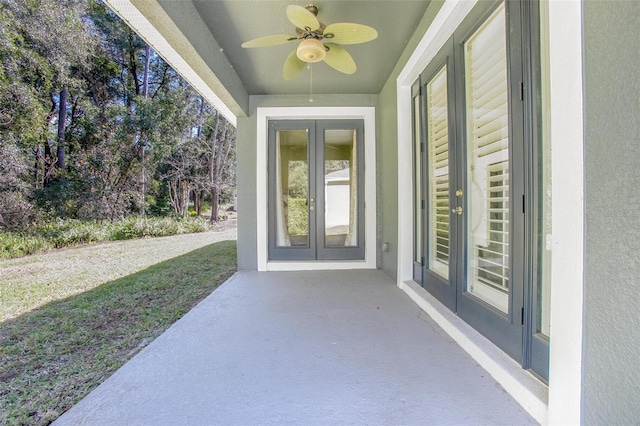 view of patio / terrace with french doors and ceiling fan