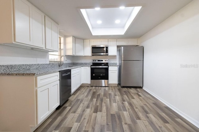 kitchen with appliances with stainless steel finishes, white cabinetry, sink, a tray ceiling, and light stone countertops