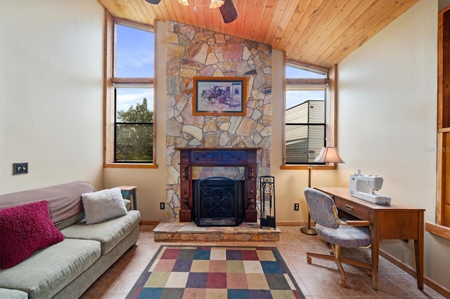 living room featuring lofted ceiling, wood ceiling, a fireplace, and a healthy amount of sunlight