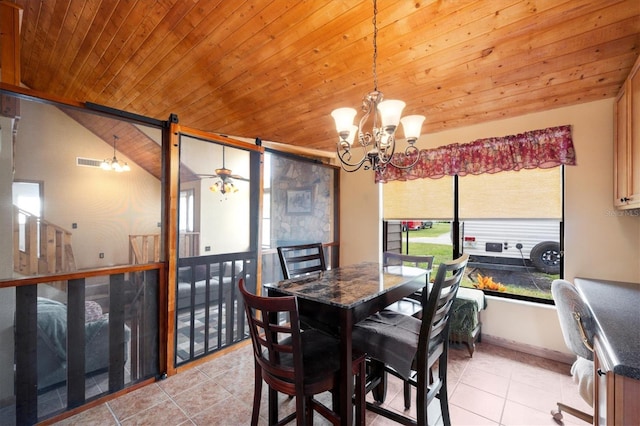 tiled dining room with wood ceiling and an inviting chandelier