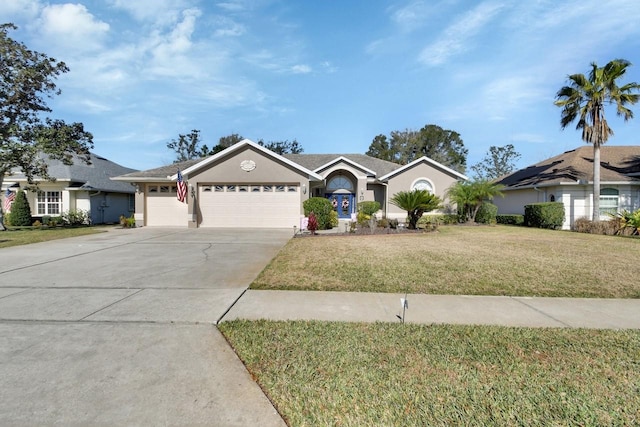 ranch-style house with a garage and a front yard