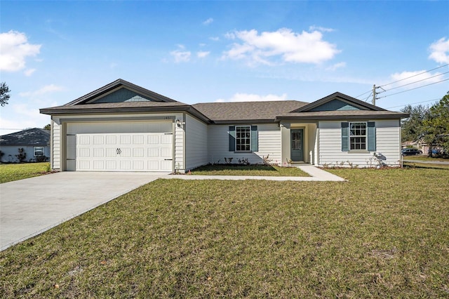 ranch-style house with a garage and a front yard