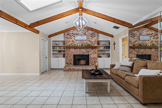 living room featuring built in shelves, lofted ceiling with skylight, a textured ceiling, a brick fireplace, and light tile patterned floors