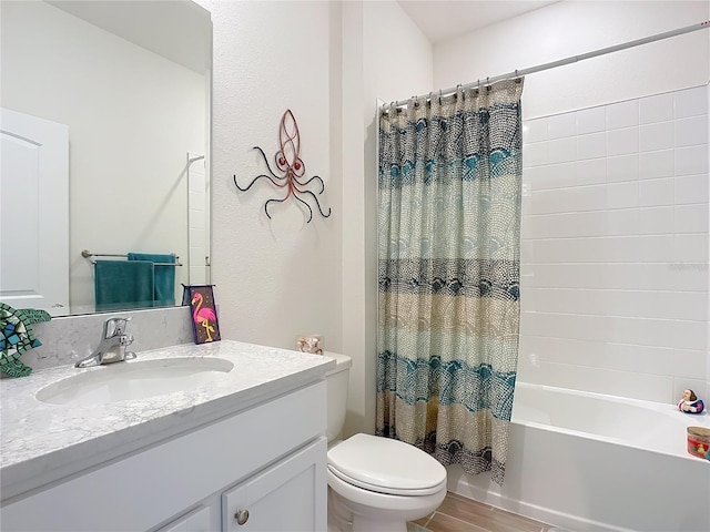 full bathroom with toilet, vanity, and shower / bathtub combination with curtain