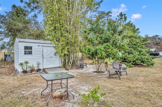 view of yard featuring a storage shed