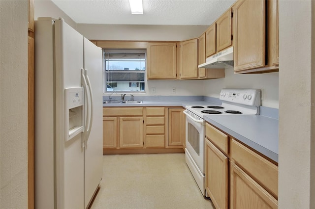 kitchen featuring white appliances, sink, a textured ceiling, and light brown cabinets