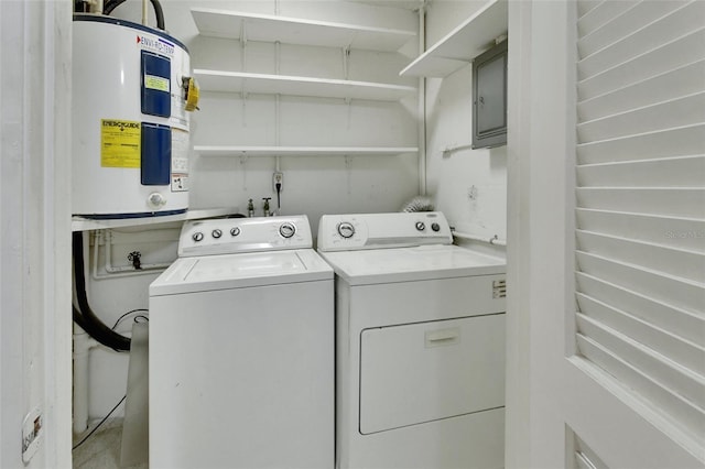 laundry room with water heater and washing machine and dryer