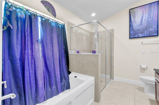 full bathroom with tile patterned flooring, vanity, separate shower and tub, and toilet