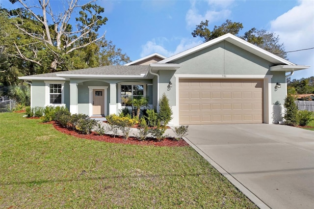 ranch-style home featuring a garage and a front lawn