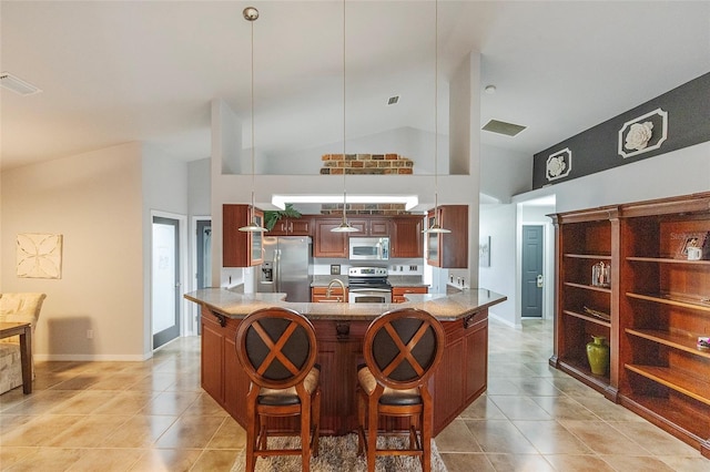 kitchen featuring light tile patterned floors, stainless steel appliances, high vaulted ceiling, and visible vents