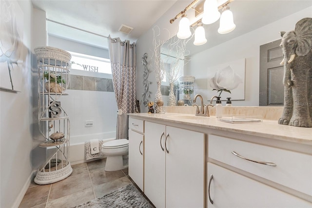 full bath featuring visible vents, toilet, shower / tub combo with curtain, tile patterned floors, and vanity