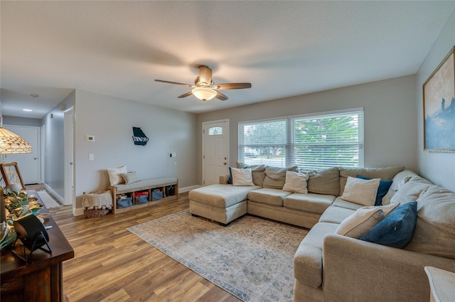 living room featuring light hardwood / wood-style floors and ceiling fan