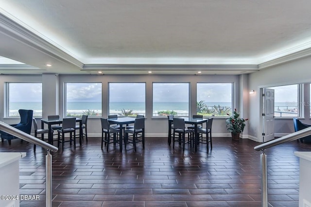 dining area with crown molding, a water view, a healthy amount of sunlight, and a tray ceiling