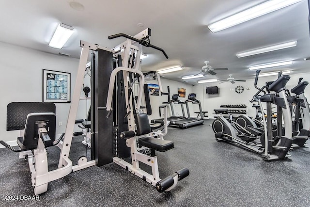 workout area with ceiling fan