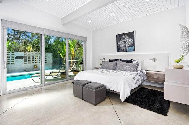 bedroom featuring access to outside and beam ceiling