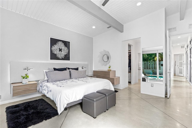 bedroom featuring concrete flooring, ceiling fan, and beam ceiling