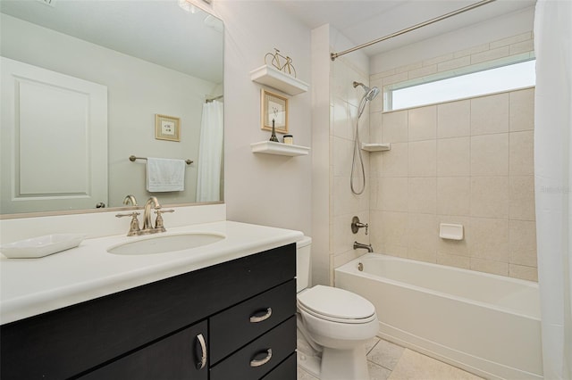 full bathroom with tile patterned flooring, vanity, shower / tub combo with curtain, and toilet