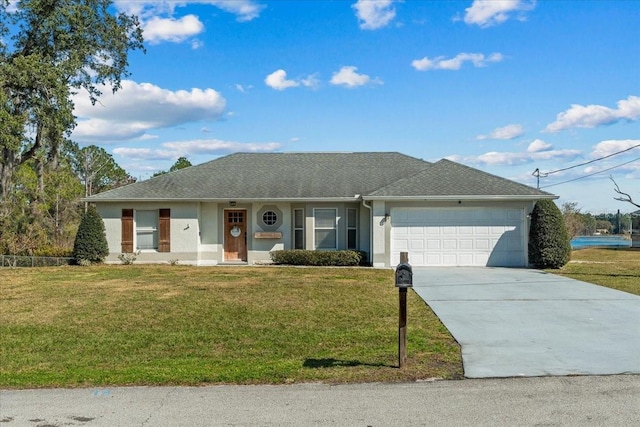 single story home featuring a garage and a front lawn